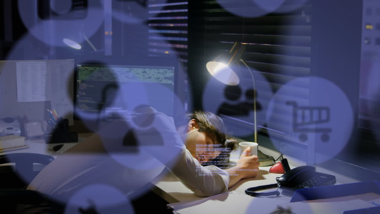 Animation of network of digital icons over businessman sleeping on desk in office