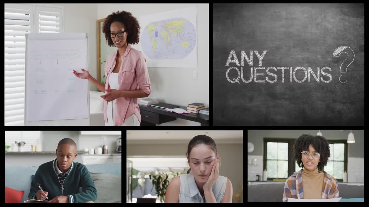 pantallas con llamadas en línea de diversas maestras, estudiantes y cualquier texto de preguntas