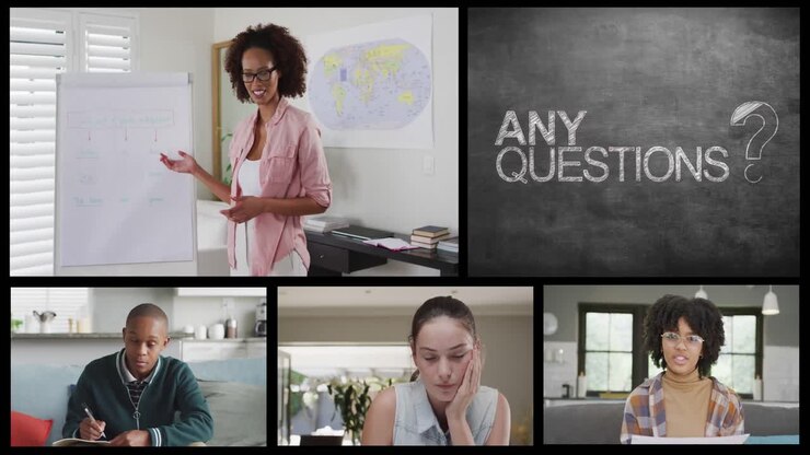 Screens with online call of diverse female teacher, students and any questions text