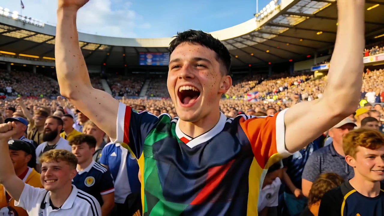 Aficionado masculino animando y celebrando una jugada decisiva en el estadio, levantando los brazos y sonriendo con la camiseta del equipo.