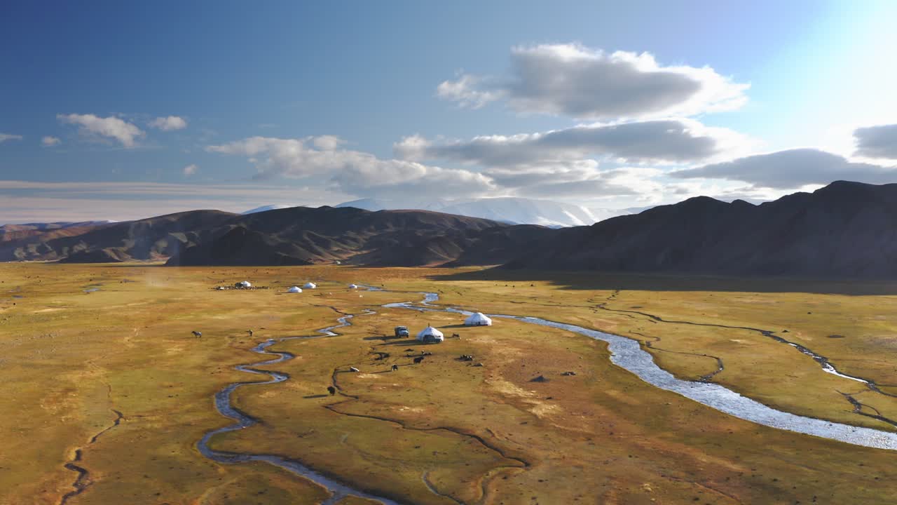 Mongolian ger tents in Altai Mountains grassland wilderness, aerial drone panoramic