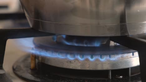 closeup shot of blue fire from domestic kitchen stove. gas cooker with burning flames propane gas.