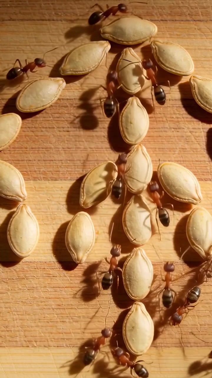 Vertical video: Arriving ants exploring seed column on board, carrying small fragments for food