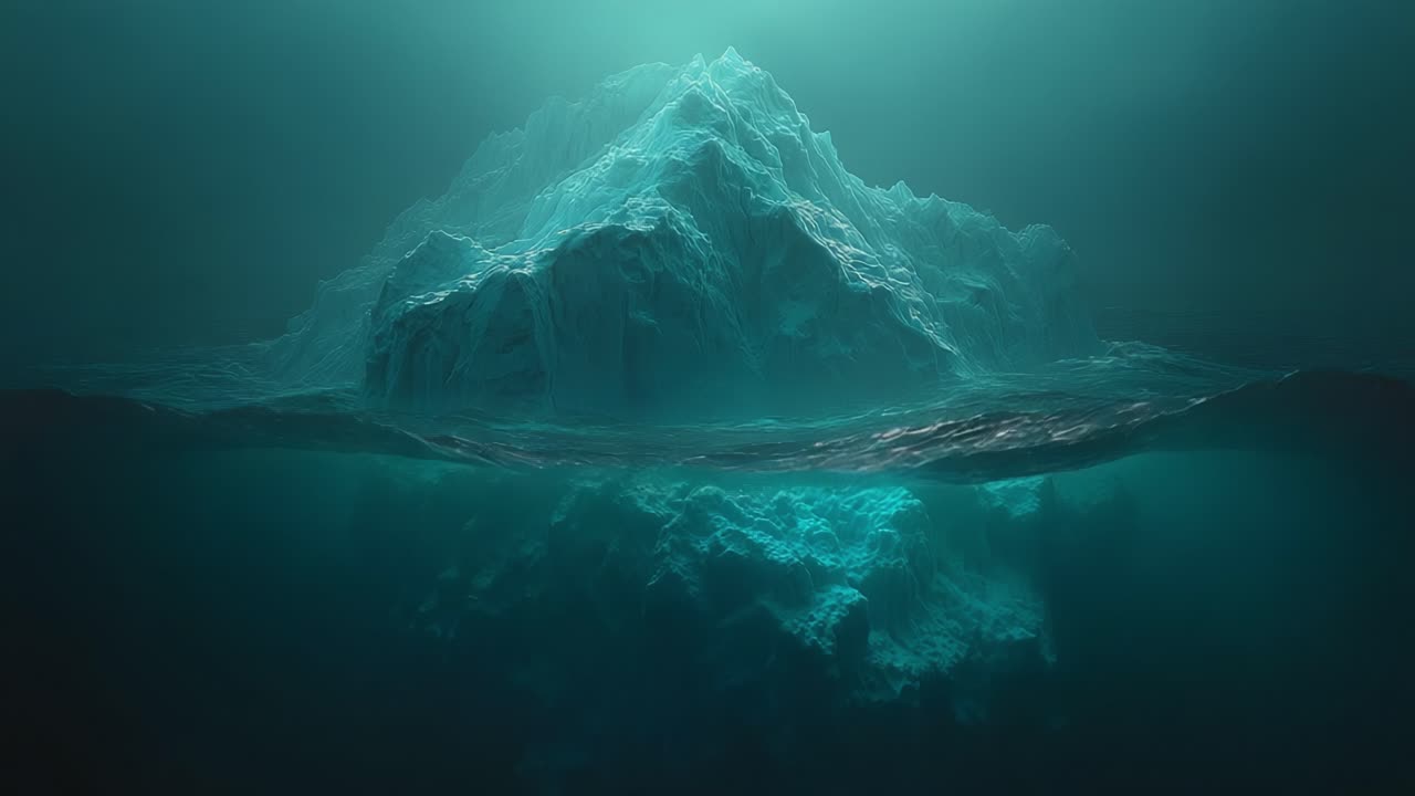 Majestic Iceberg: A Submerged Wonder Captured in Two Frames, Revealing the Tranquil Depths Beneath the Surface in a Mystical Underwater Atmosphere