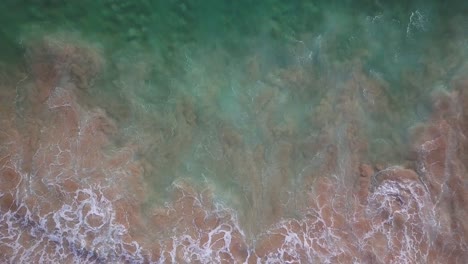toma aérea de un océano verde con grandes olas que llegan a la playa