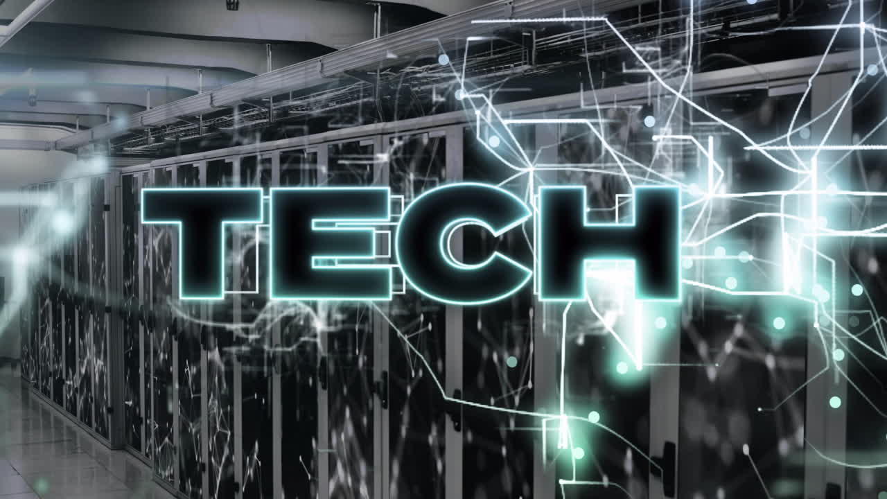 Glowing network connections animating over server room background with tech text