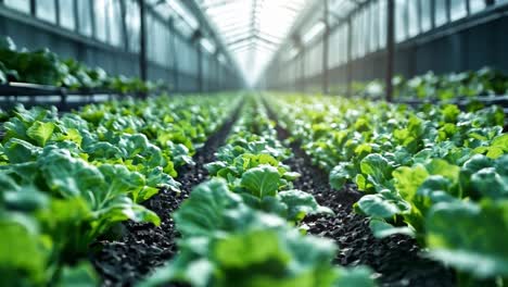 greenhouse agriculture with rows of vegetables