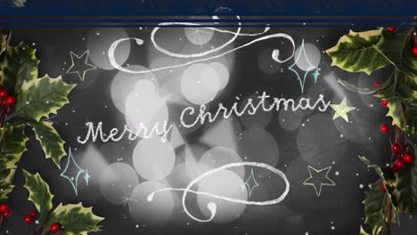 Animation of white spots and merry christmas text on black background