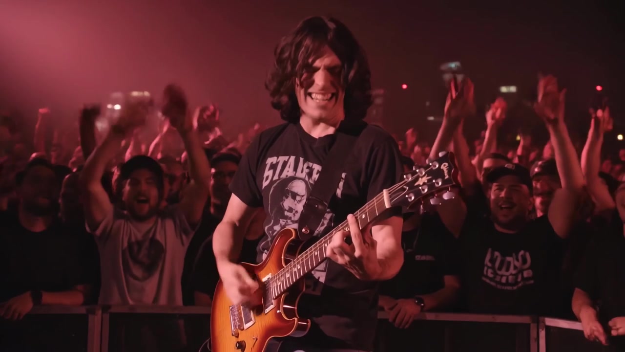 Spielender Gitarrist in schwarzem T-Shirt beginnt Set im Club, heizt die Menge mit Sunburst-Gitarre an der Absperrung an.