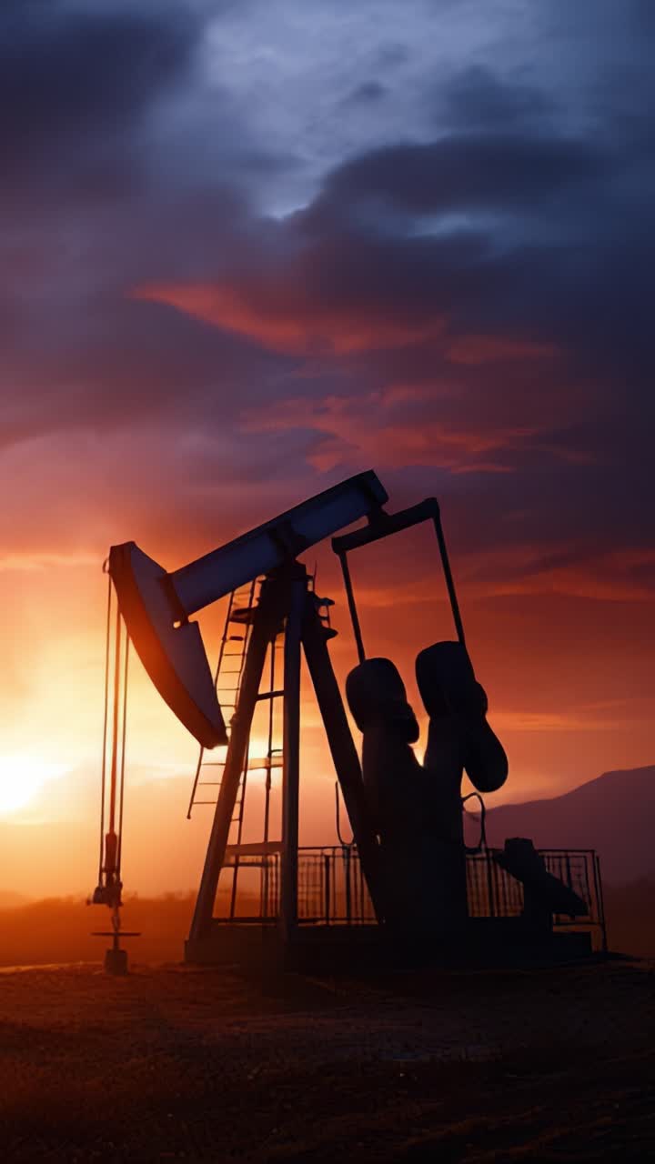 Silent Majesty of the Oil Pump Jack Against a Breathtaking Sunset: A Stunning Display of Industrial Power and Natural Beauty in Harmonious Contrast