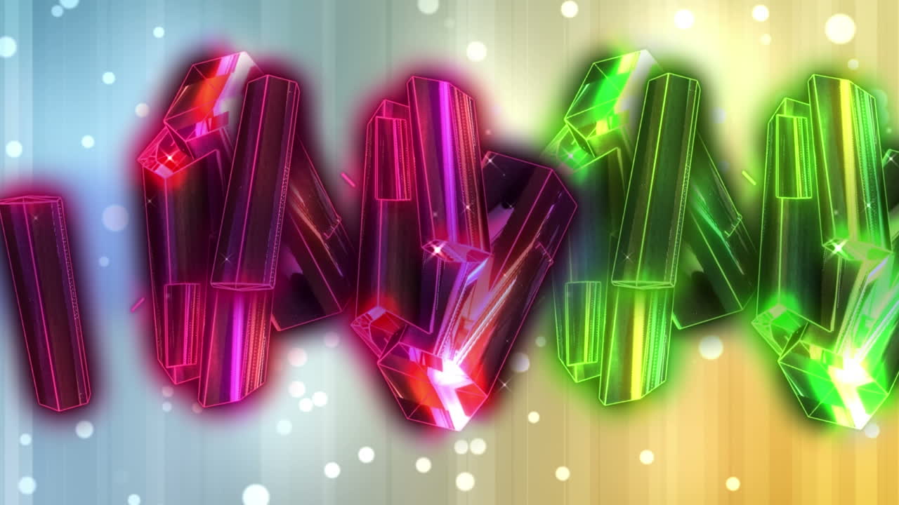 파란색과 노란색 배경 위에 움직이는 분홍색과 녹색 다이아몬드의 애니메이션