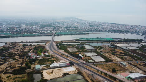 aerial flying over fisherman town, phan ri cua, vietnam