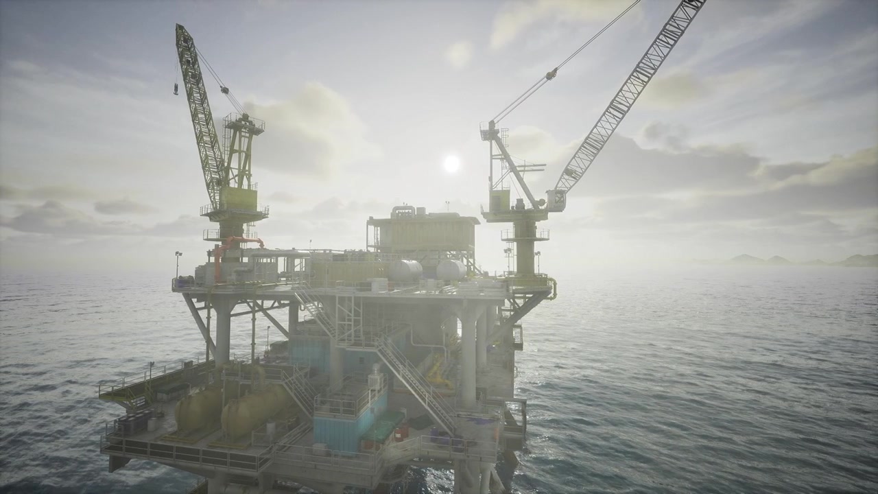 Industrial offshore rig conducting operations amidst turbulent waters