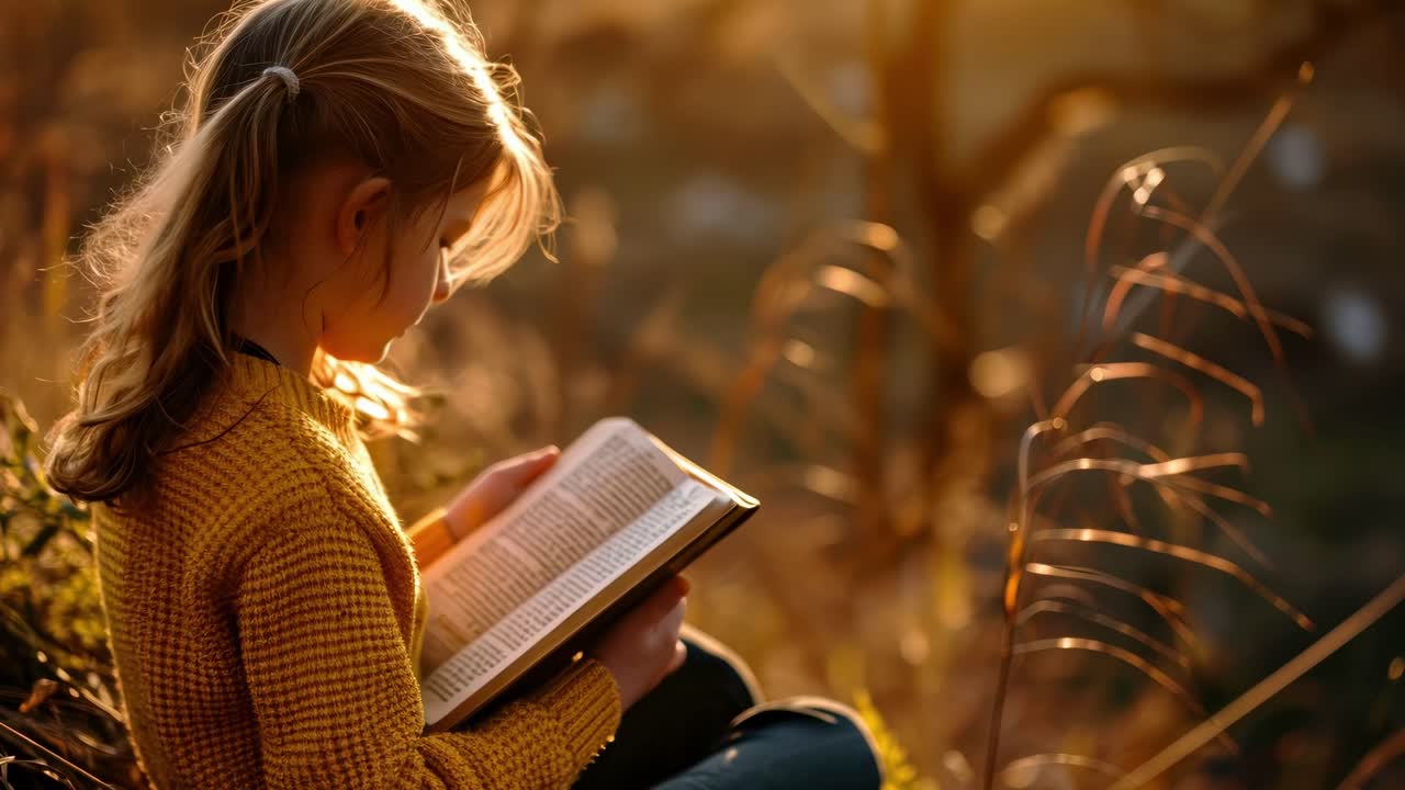 A serene video scene of a girl reading outdoors, captured from a side angle