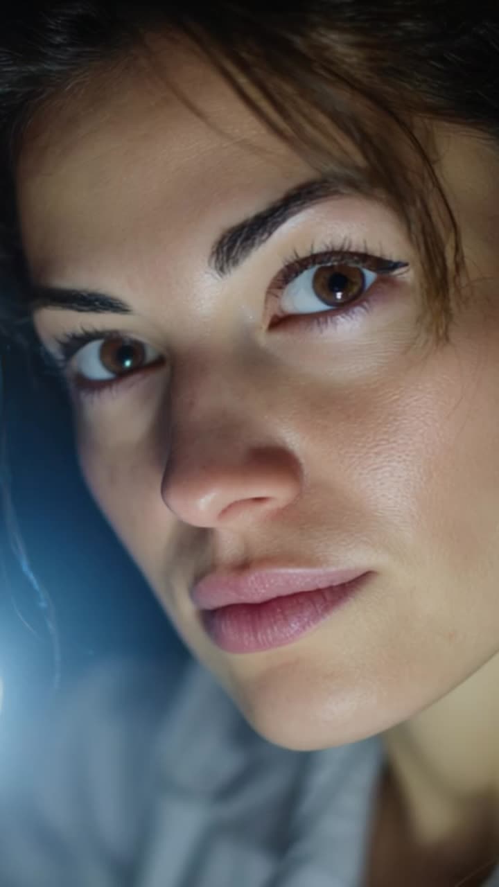 Captivating Close-Up of a Woman with Expressive Eyes and Soft Features Illuminated by Soft Lighting, Highlighting Intriguing Expression and Natural Beauty