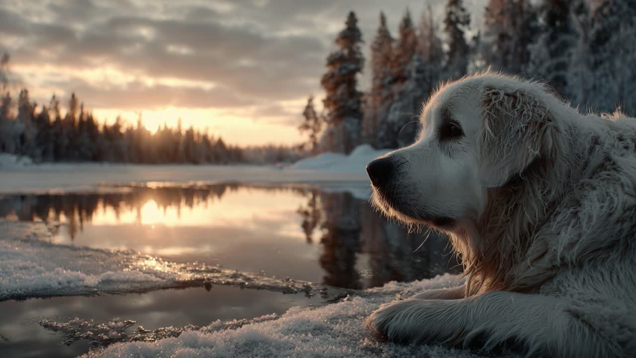A Serene Winter Evening: A Majestic Dog Gazes at the Setting Sun by a Tranquil Frozen Lake Surrounded by Snowy Pines, Capturing the Essence of Nature's Beauty