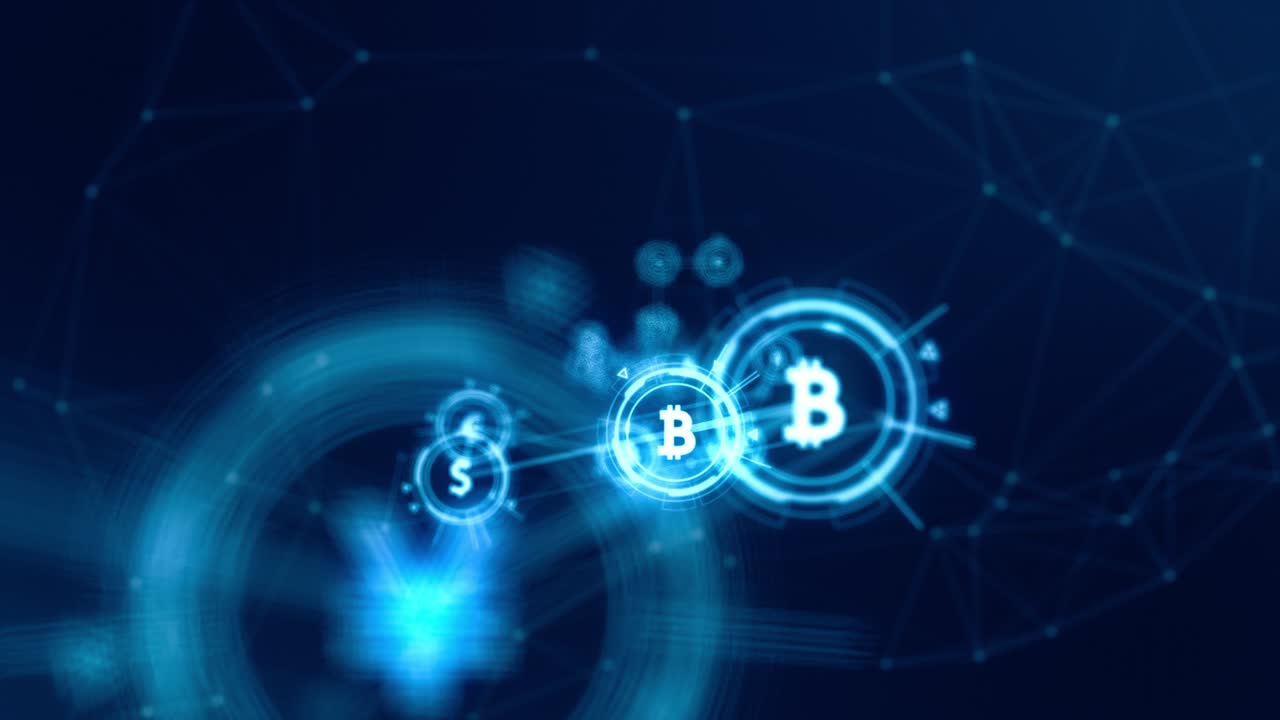 gráfico de movimiento del icono de dinero azul conexión con rotación de tecnología de círculo futurista fondo abstracto video de bucle sin costuras