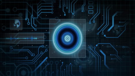 futuristic digital interface with circuit board and rotating blue circle animation