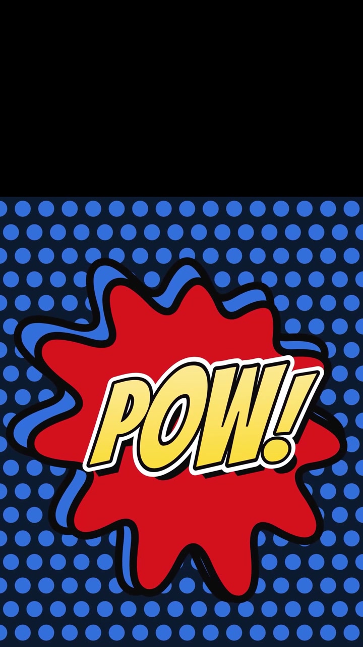 Testo 'Pow' in stile fumetto su sfondo animato di punti mezzatinta blu con spazio nero per il testo in alto, loop continuo, formato verticale
