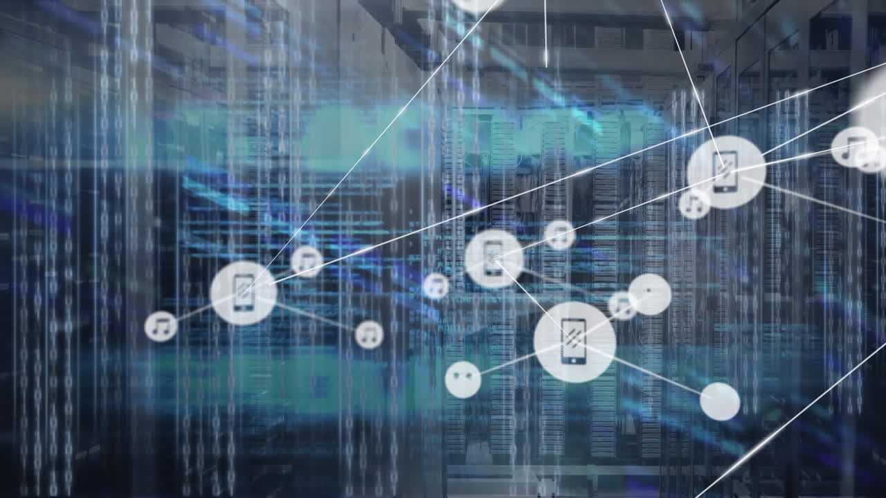 Animation of computer language and connected icons over server rack in background