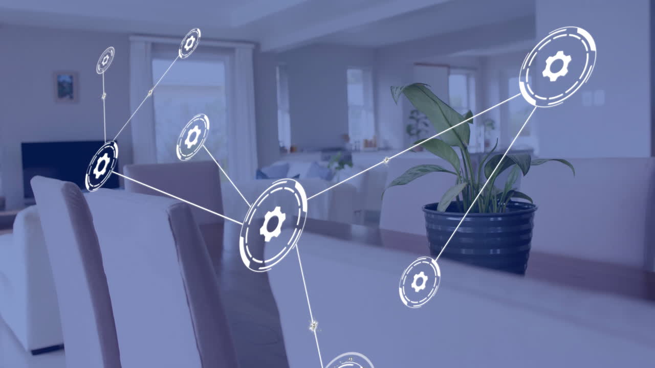 기어 아이콘은 라인에 의해 연결되어 있으며, 네트워크 기술 애니메이션은 현대적인 거실을 통해 진행됩니다.