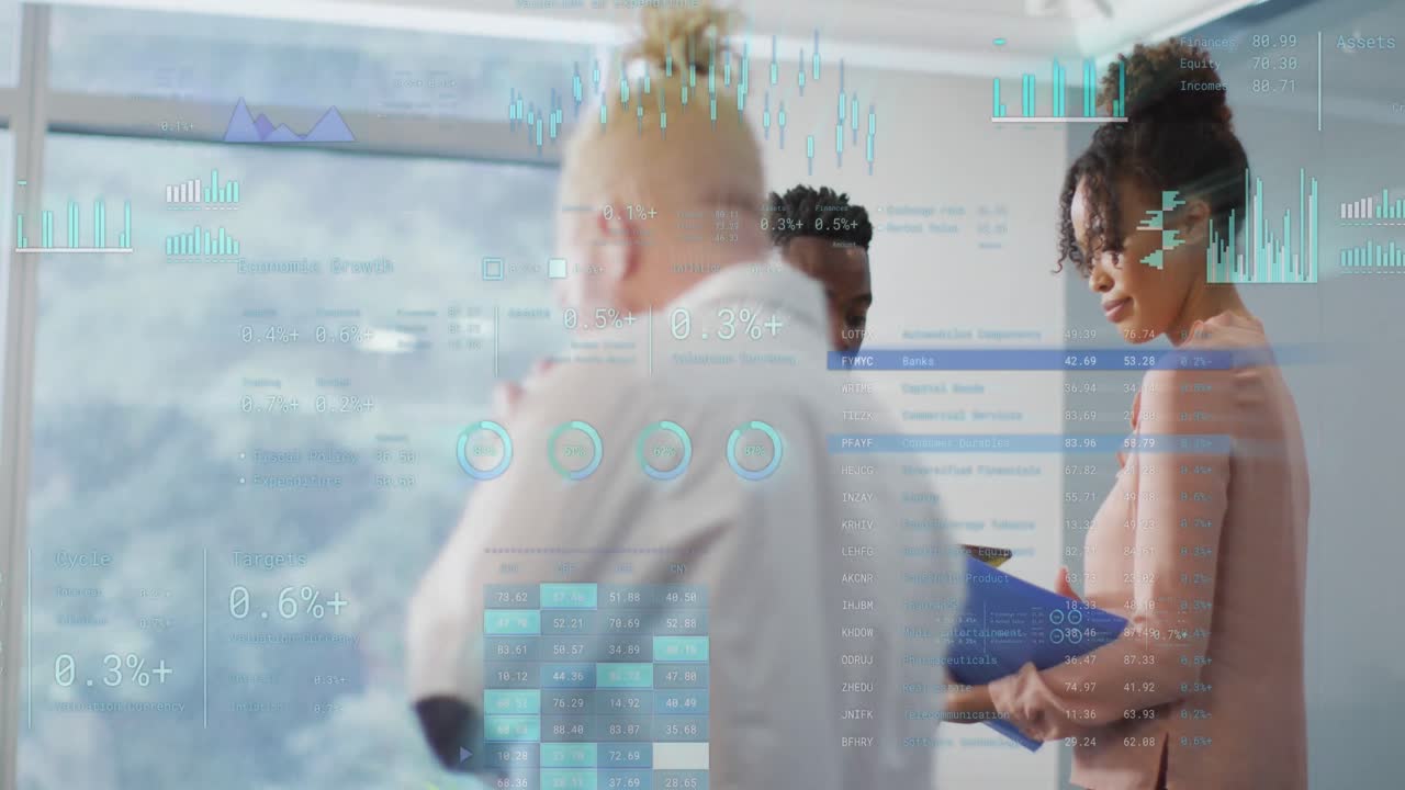 Animation of data processing over diverse business people in office