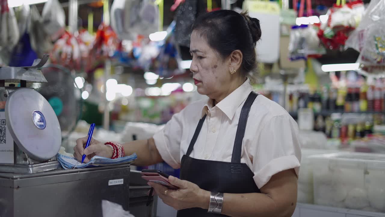 Market Seller Taking Payment and Weighing Produce