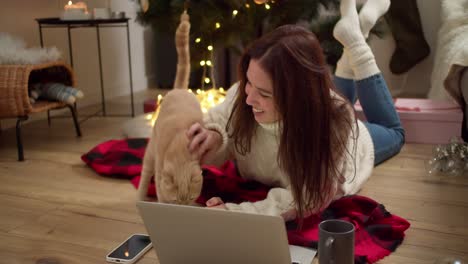 Close-up-shot-of-a-brunette-girl-in-a-White-sweater-lying-on-the-floor-working-with-a-gray-laptop-and-stroking-her-cream-colored-cat-lying-on-a-Red-blanket-near-the-New-Year-tree-in-a-cozy-room-in-winter