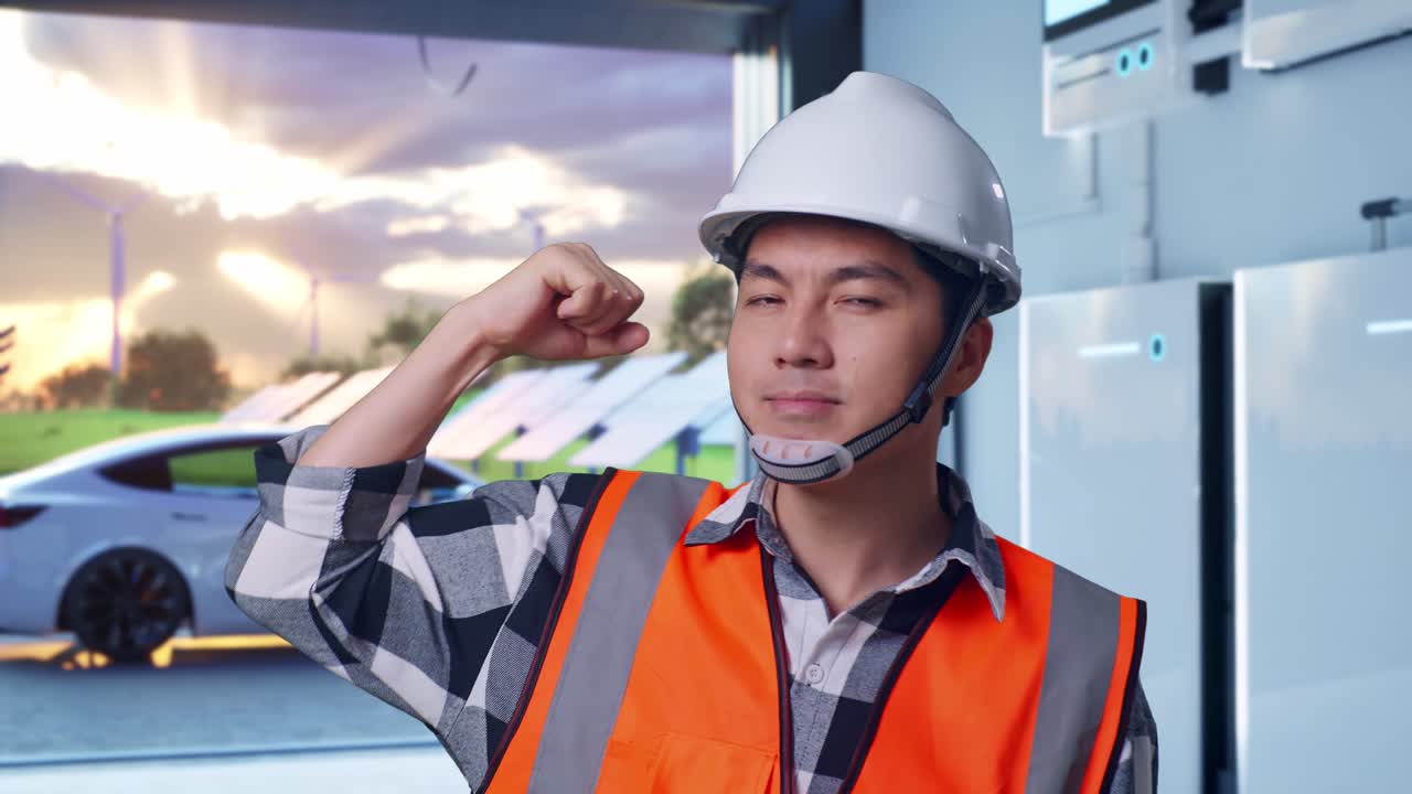 Close Up Of Asian Male Engineer With Safety Helmet Flexing His Bicep And Smiling To Camera While Standing With Home Energy Storage System In a Modern Garage
