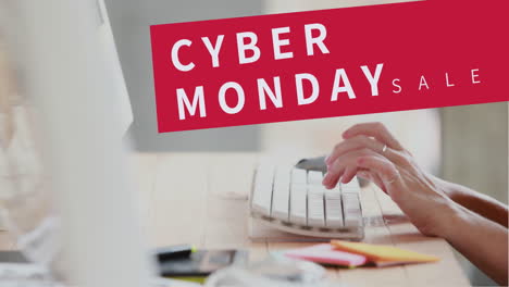 cyber monday text and woman using computer 4k