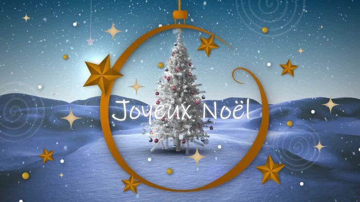 Animation d'un sapin de Noël décoré et du texte « Joyeux Noël » sur un paysage enneigé