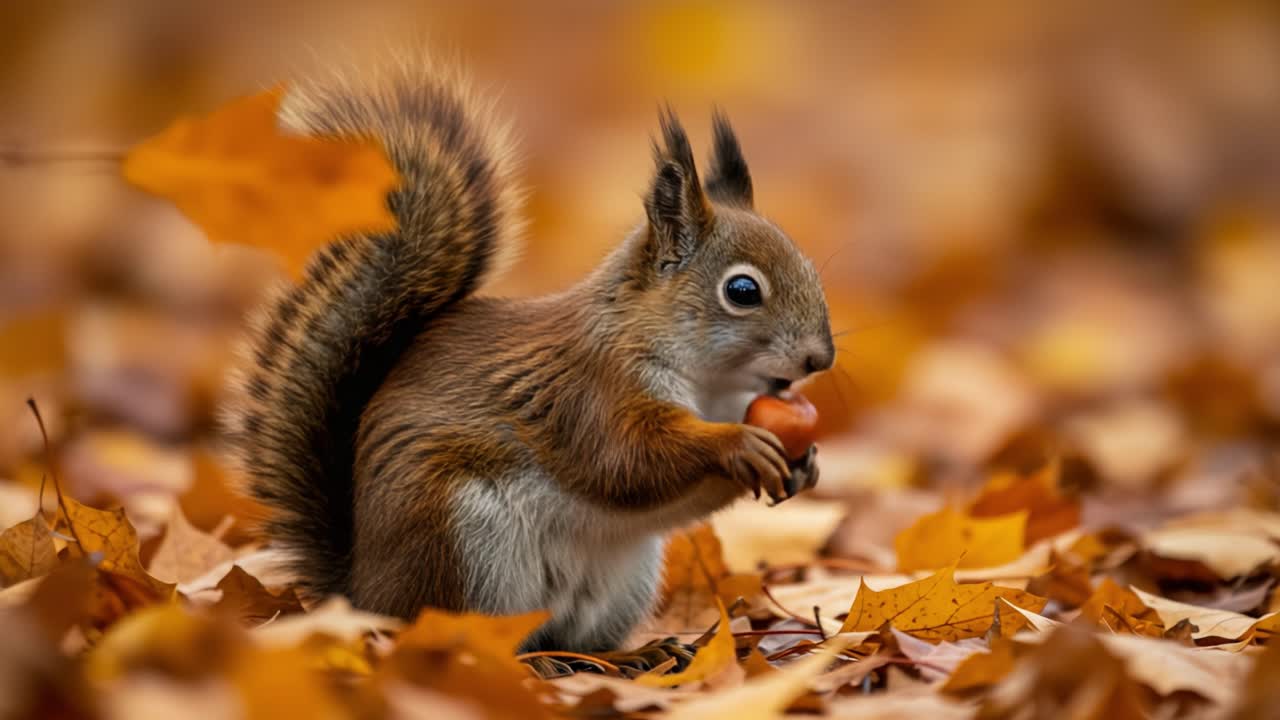 Et legesygt egern nyder et agern blandt de livlige efterårsblade, hvilket fremhæver naturens skønhed i efterårets varme nuancer og vildtlivets charme i fredfyldte omgivelser.