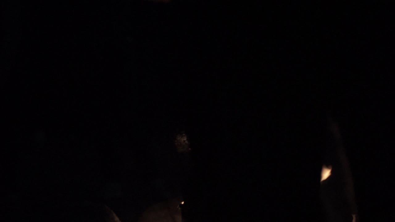 일부 자연 카메라 흔들림과 함께 불꽃과 불꽃으로 따뜻한 캠프 불