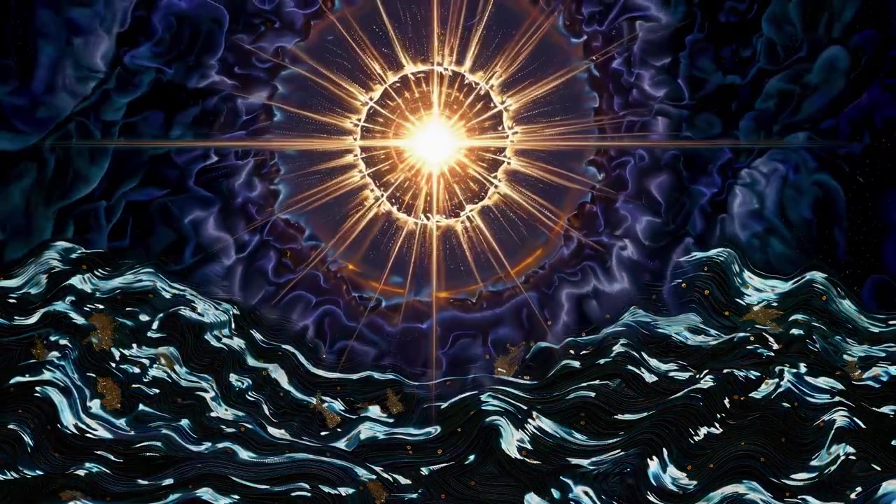 Sole astratto e luminoso sopra onde oceaniche scure stilizzate