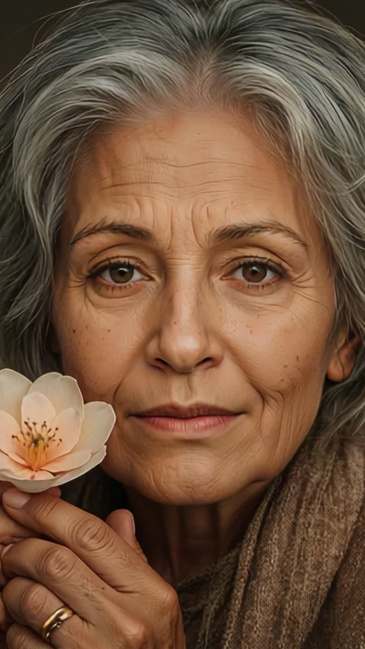 Vertical video: Opening senior woman in scarf lowering gaze in studio, inhaling blossom scent