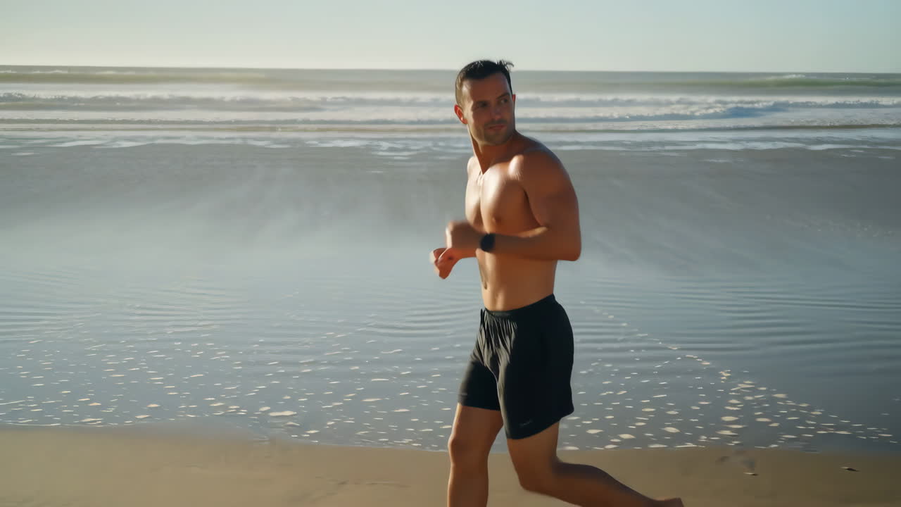 Man Running Barefoot on the Beach