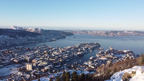 aerial shot from snow covered mountain walkway through beautiful bergen background