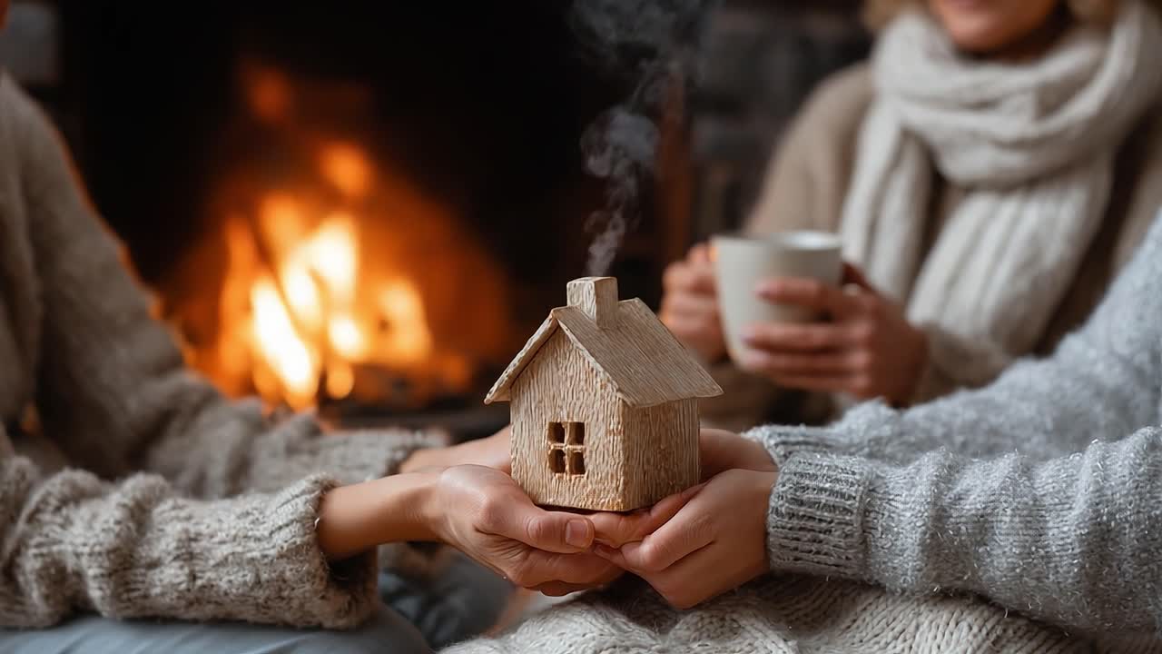 Cozy Surroundings: Two Friends Share a Heartwarming Moment Around a Fire While Cradling a Miniature House, Symbolizing Comfort and Togetherness