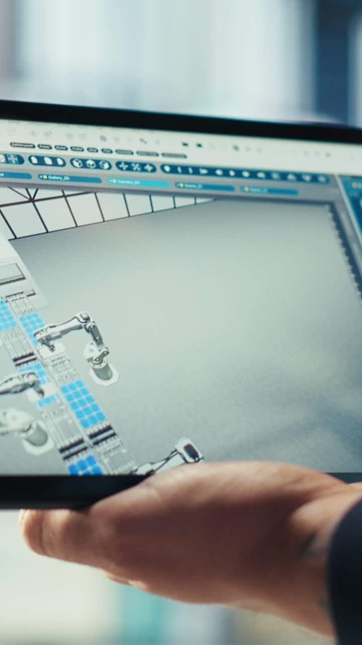Vertical Video Close Up Of Expert Using Tablet To Inspect Solar Plant Machinery