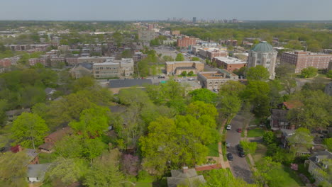 Aerial-flyover-University-City-neighborhood-past-City-Hall-and-towards-Delmar-Loop-in-St