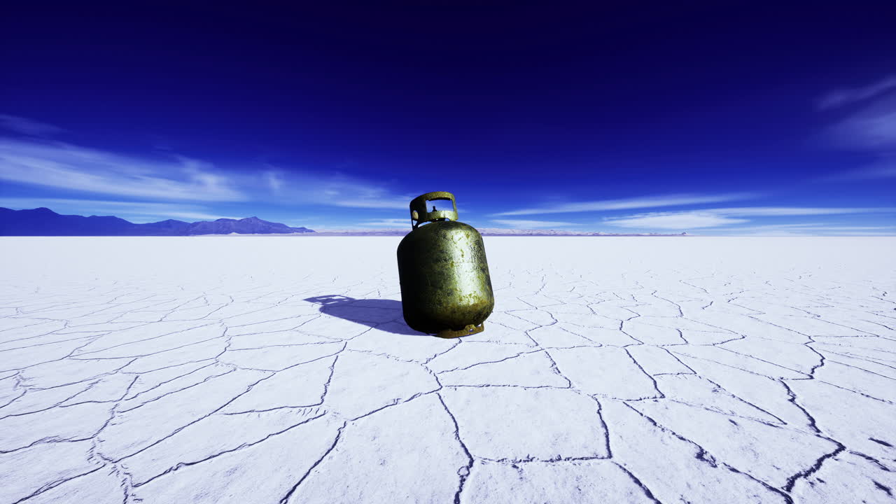Gas cylinder stands alone amidst a vast salt flat under a clear blue sky
