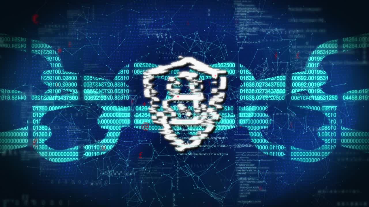 Center shield padlock reacting to pixel pulse, glitching then reforming, signaling network security
