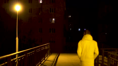 person walking on a night bridge