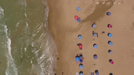 summer day at a local beach with people relaxing under umbrellas and waves breaking