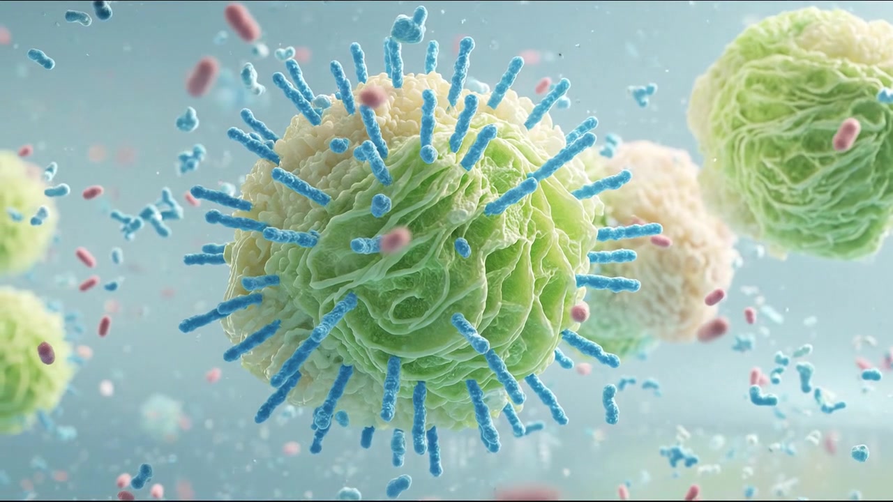Cellula biologica verde che si scompone in particelle in una visualizzazione scientifica