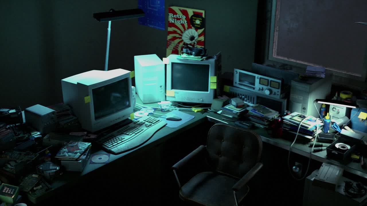 A cluttered old seedy office workstation at night, with retro 1990s period computer equipment and assorted electronics gear stripped down for repair - smooth rising left to right pan shot