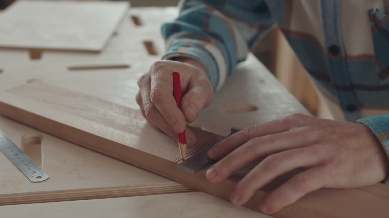 Unrecognizable Carpenter Drawing Blueprint on Board in Carpentry Workshop