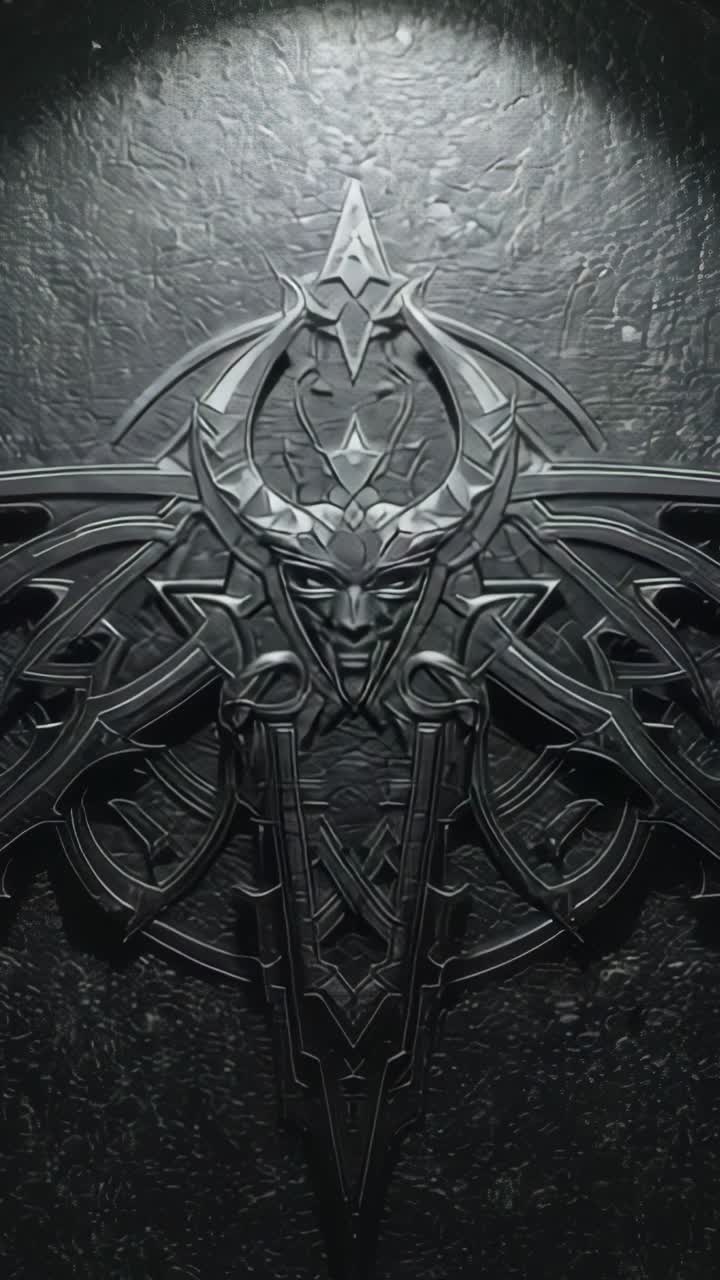 Vertical video: Illuminating horned emblem pulsing via violet arcs on wall with V lightning bolt