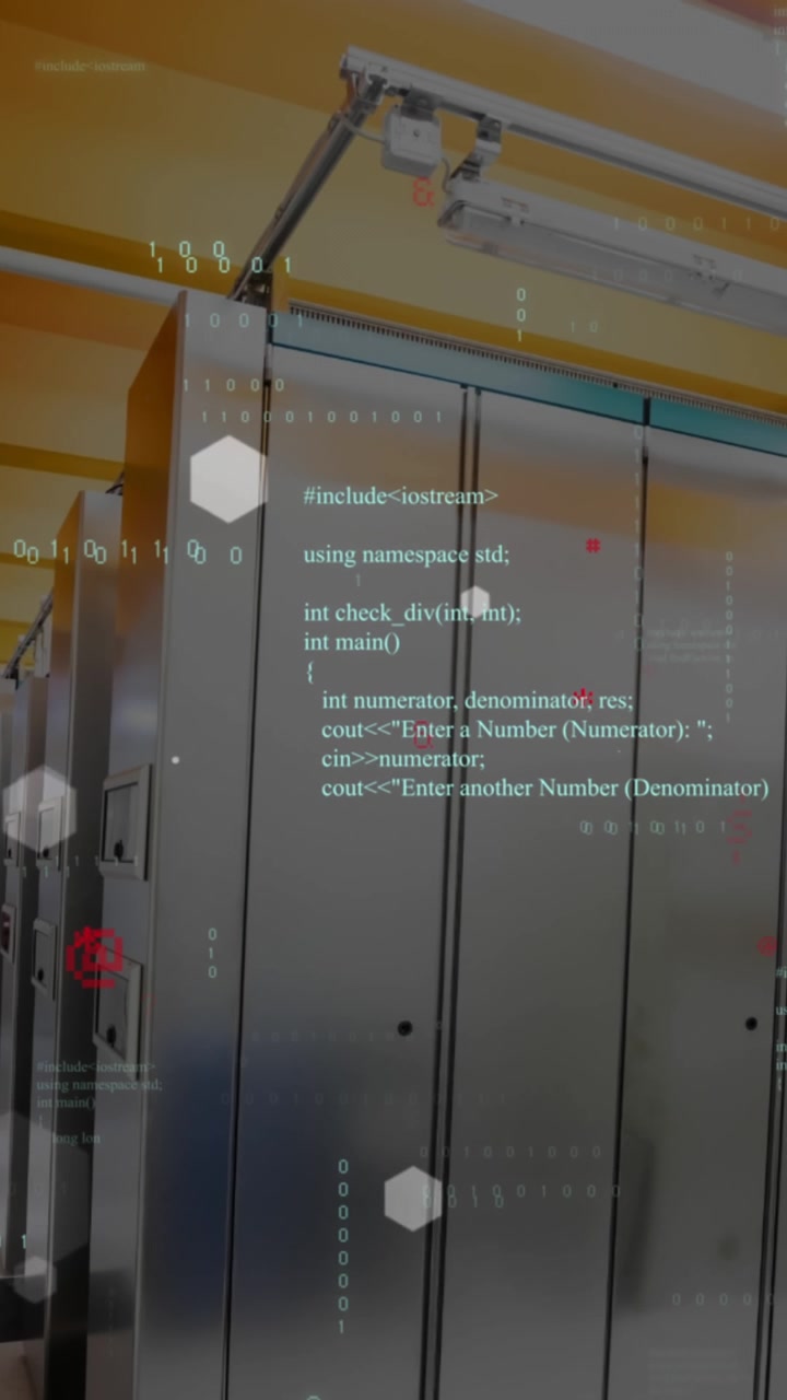 Animation of hexagonal shapes, binary coding and data processing against computer server room