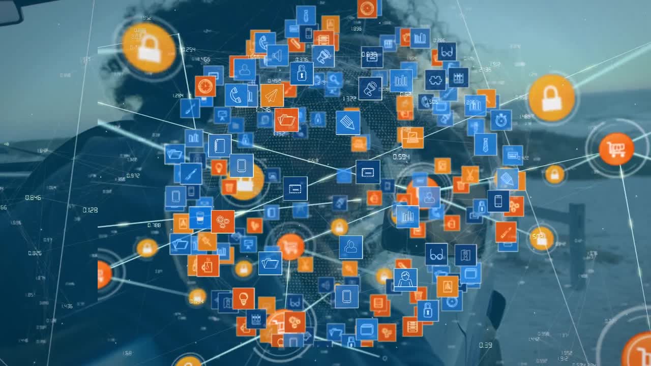 animación de la red de conexiones con iconos de los medios sobre la mujer afroamericana